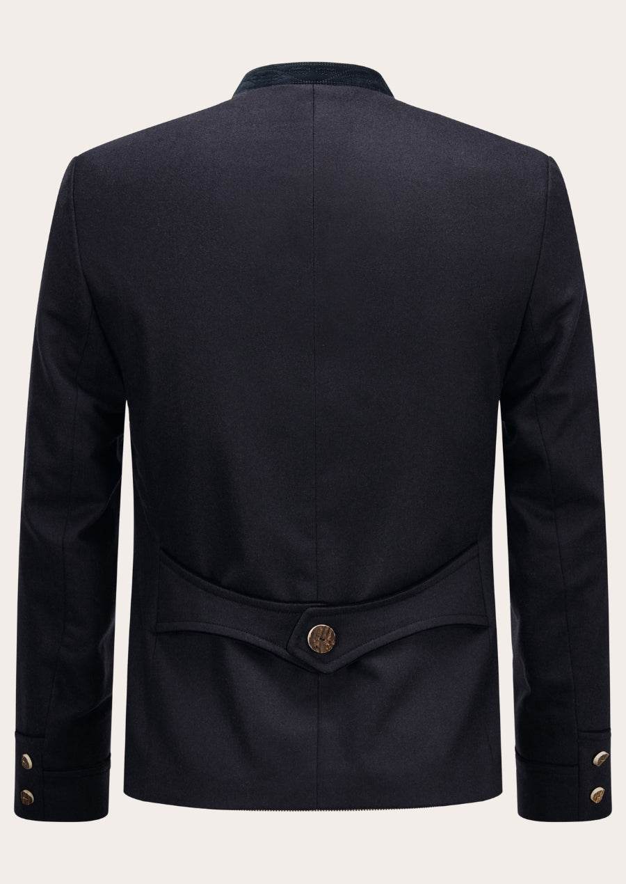 Men's traditional jacket back, dark navy, yoke seam, fitted waist panel, cuff buttons