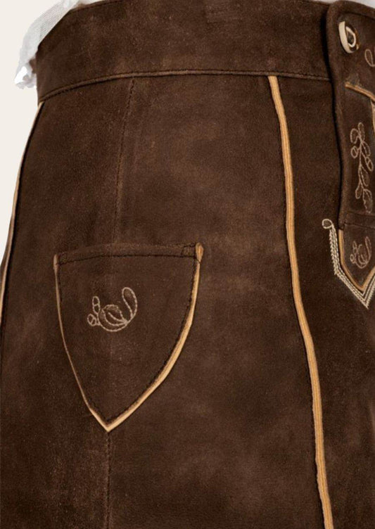 Brown leather skirt close-up: eyelet waistband, panel trim, side pocket flap