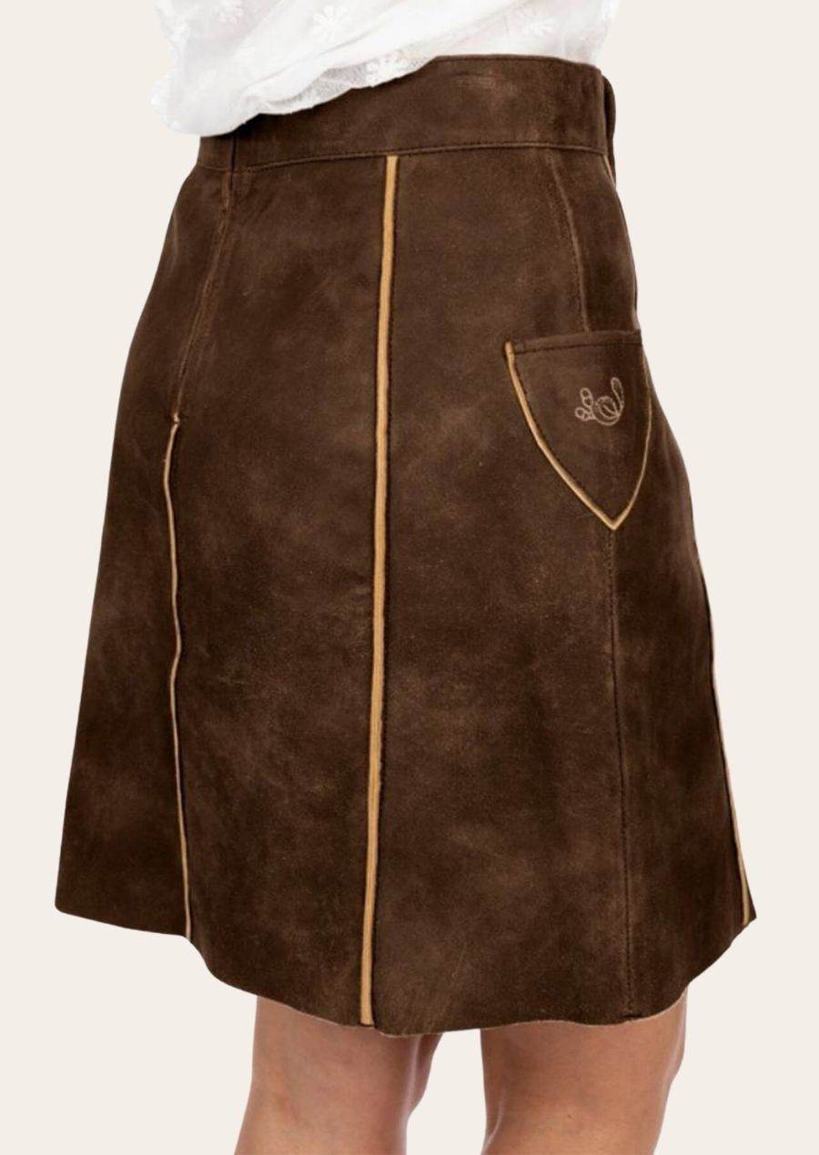 Brown leather skirt back with center seam piping and side pocket flap