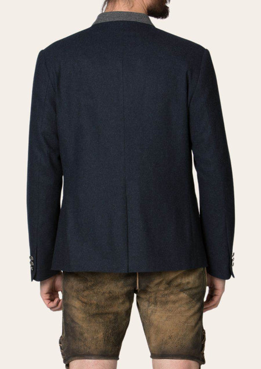Men's stand-collar alpine jacket, back view, dark navy with vertical center seam
