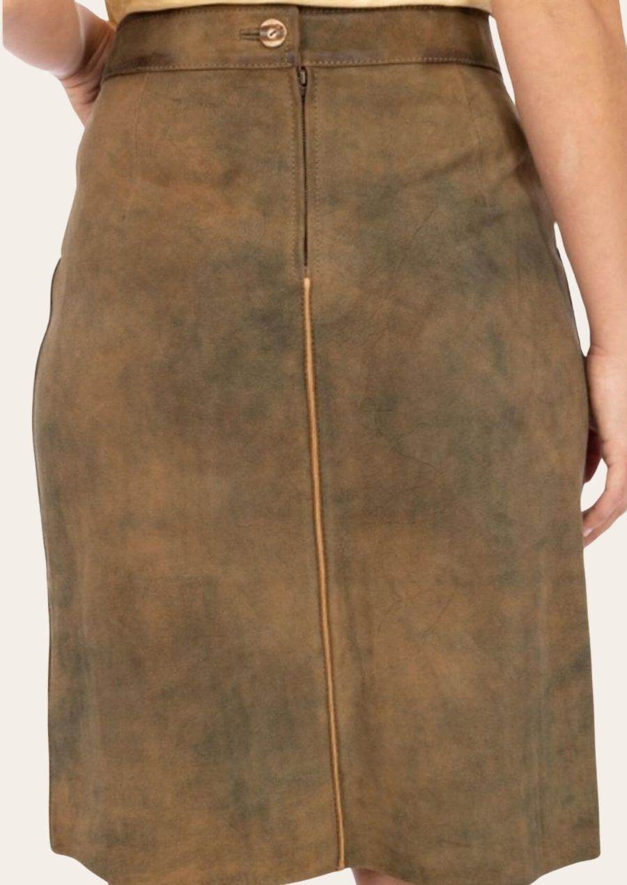 Brown leather midi skirt with center front seam and waistband button