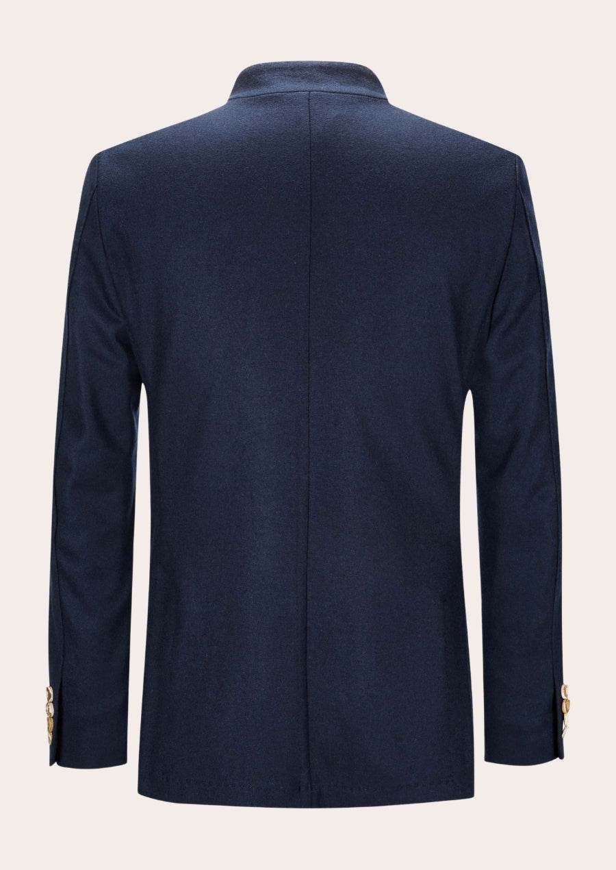 Navy men’s traditional jacket with stand collar and long sleeves, back view