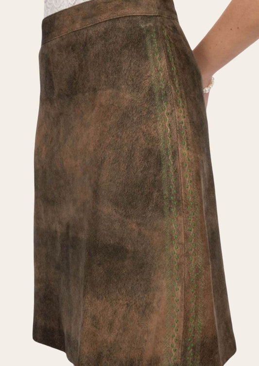 Brown suede short skirt with side panel and green decorative stitching