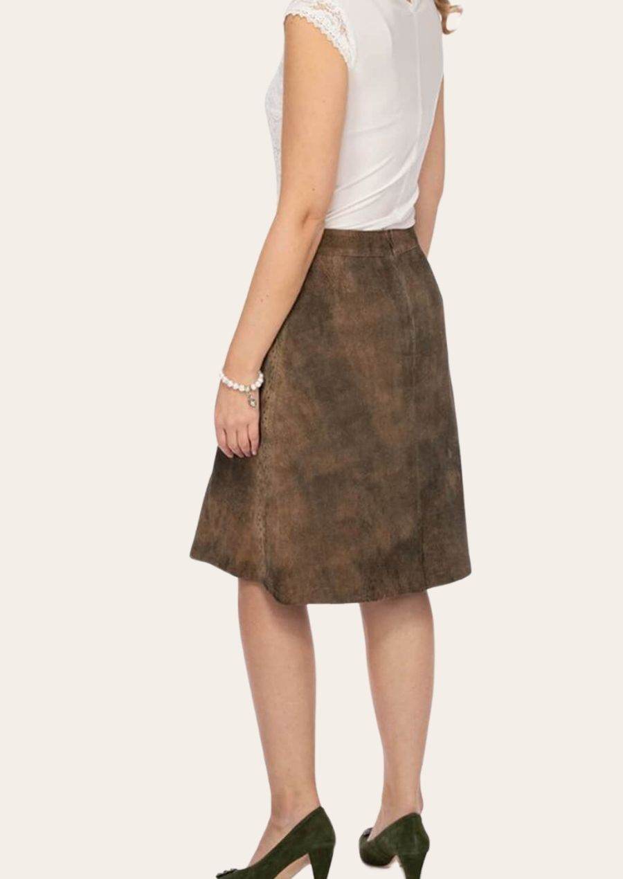 Brown suede short dirndl skirt side view with straight hem