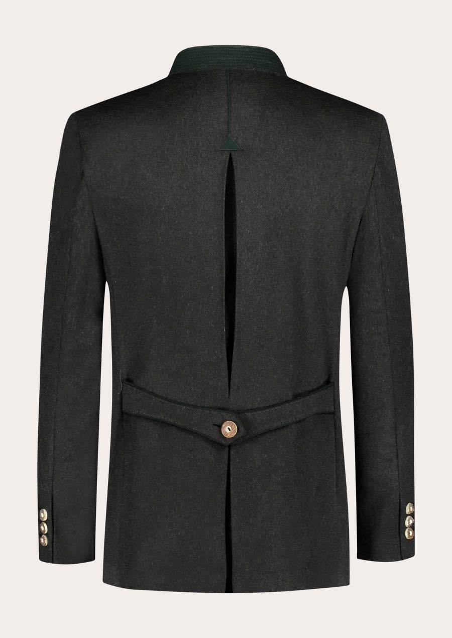 Men's walkloden jacket, back view with stand collar, center seam, waist belt with button