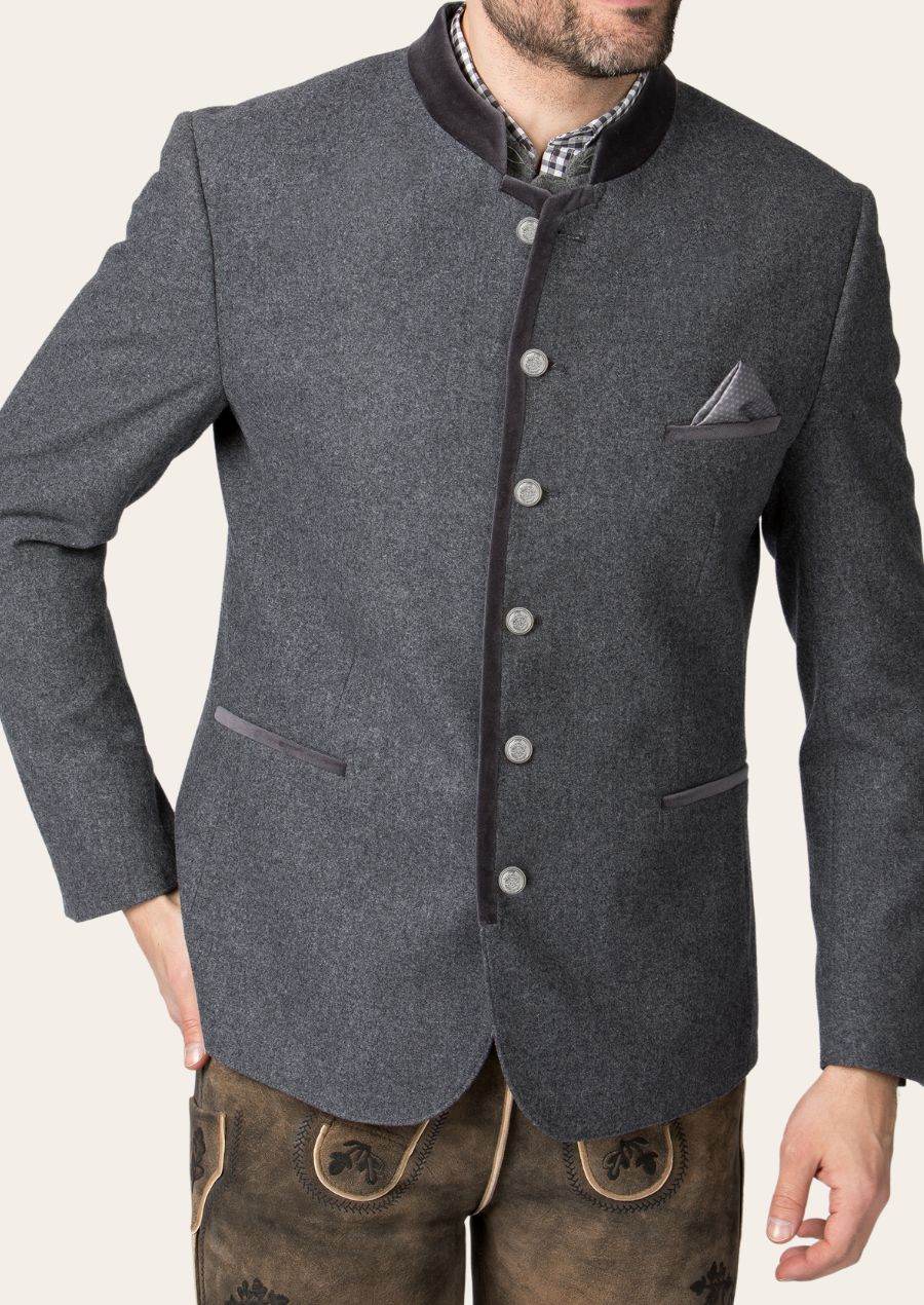 Men's dark gray traditional jacket with button front, angled welt pockets, pocket square