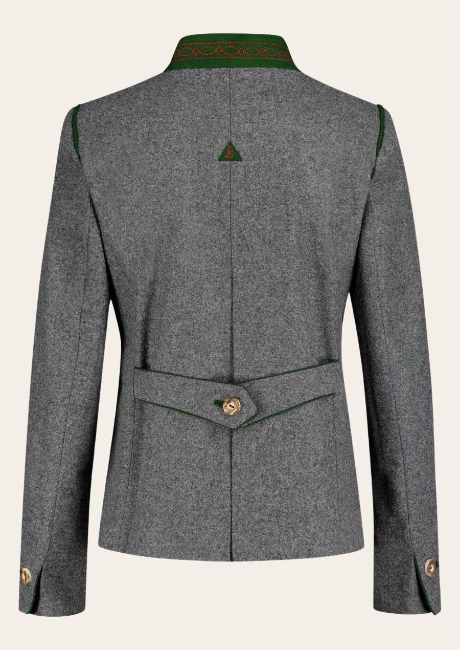 Women's traditional jacket, gray with green trim, stand collar (back view)