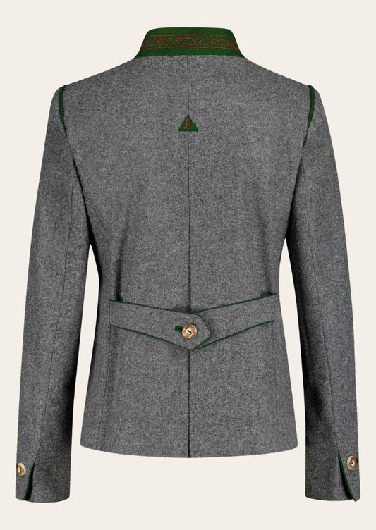 Women's traditional jacket, gray with green trim, stand collar (back view)