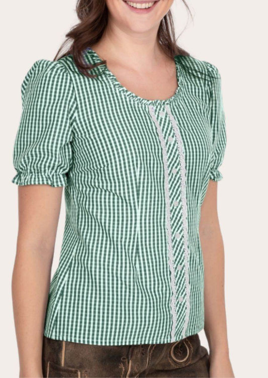 Women’s green gingham dirndl shirt with lace-trim placket and short puff sleeves