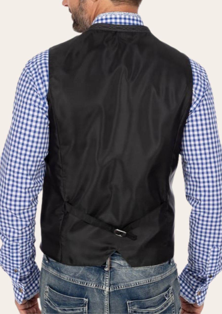 Dark navy men's waistcoat back with center waist buckle strap