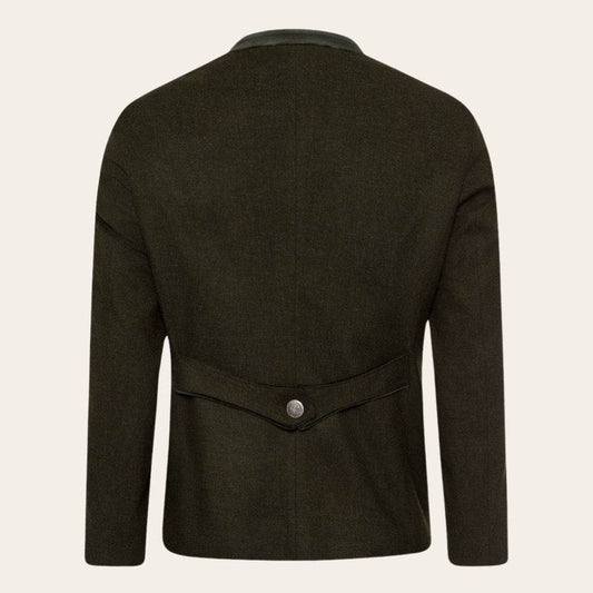 Men's dark green traditional jacket, back view, center button placket and waist seam
