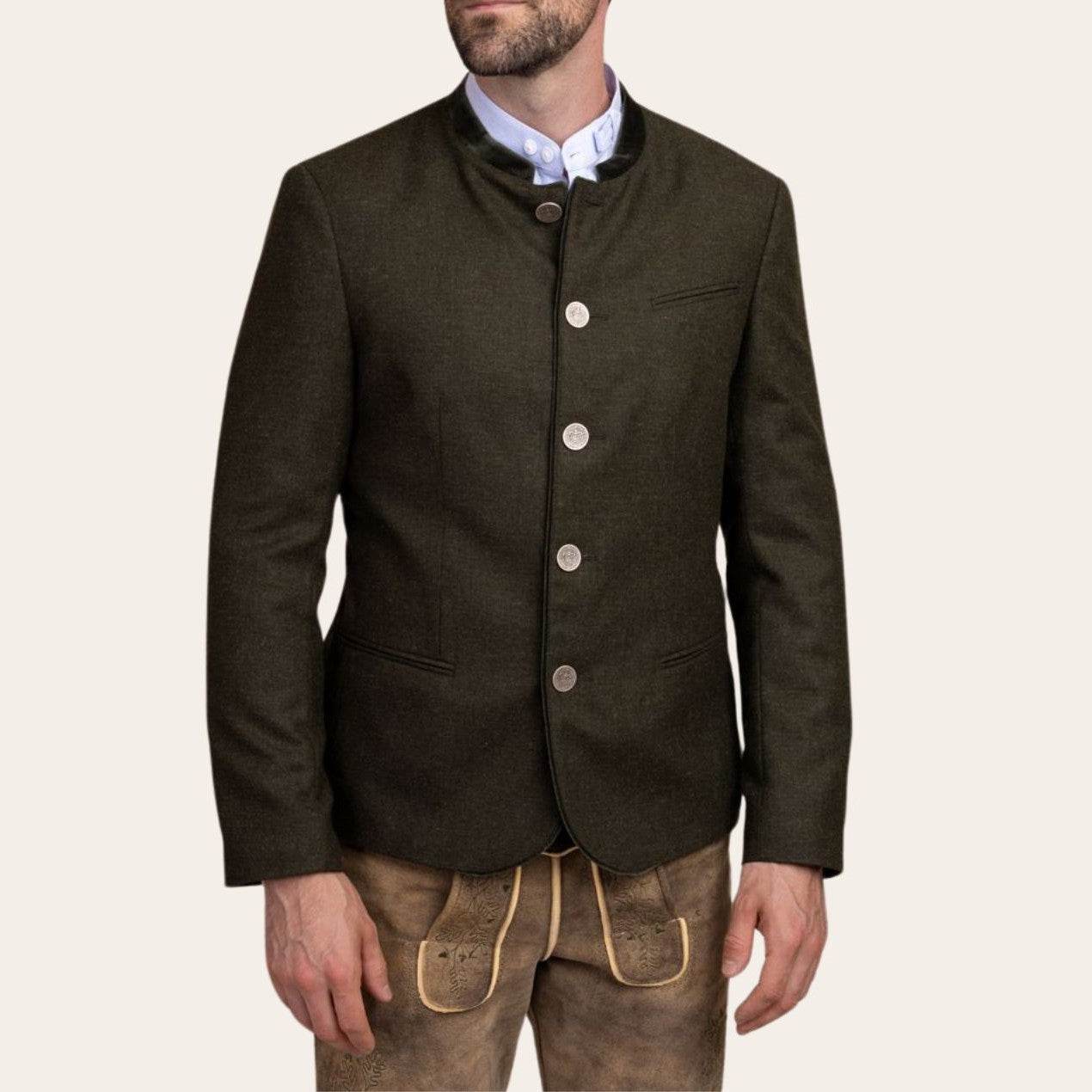 Men's dark green traditional jacket with stand collar, button front, long sleeves