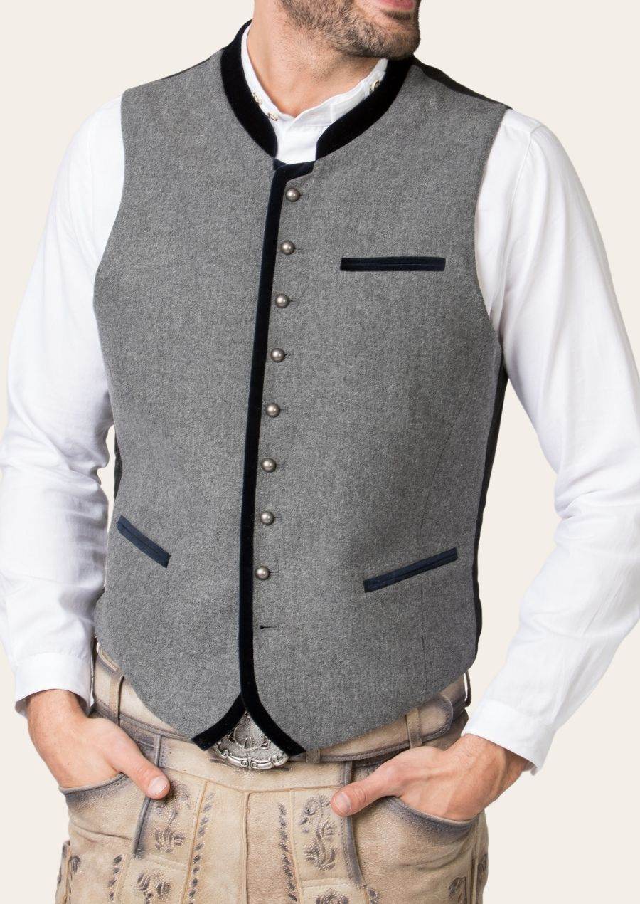 Men's traditional waistcoat, gray with black trim, button-front and chest welt pocket