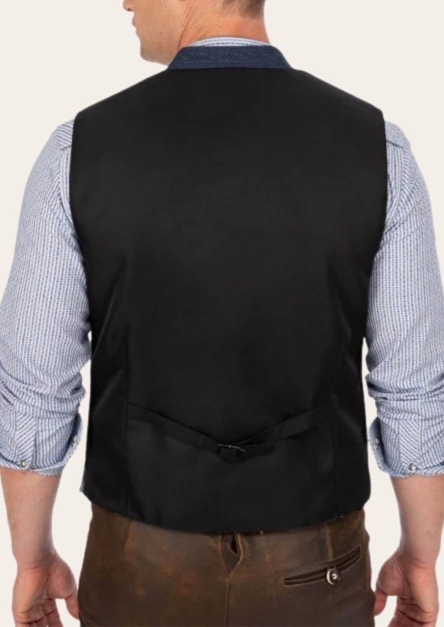 Men's dark blue waistcoat vest back view with darker yoke panel and waist seam.