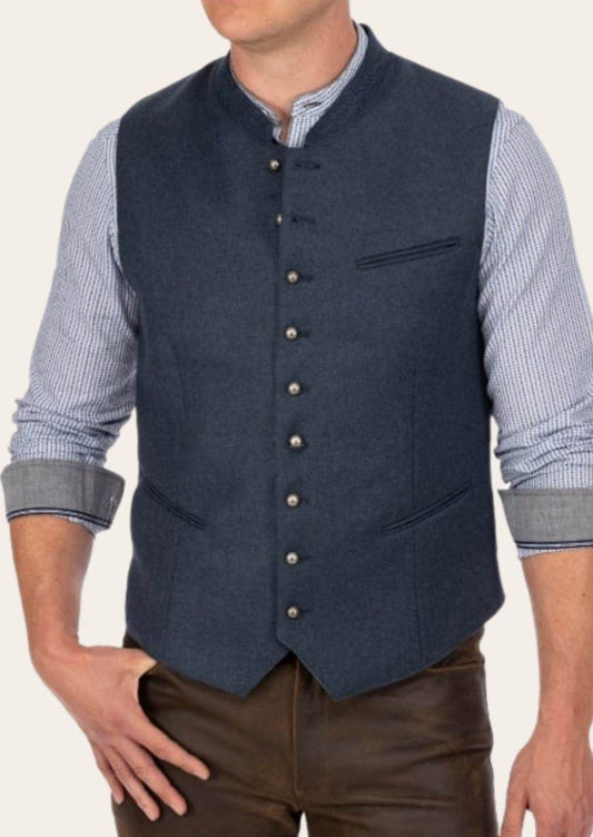 Men's dark blue waistcoat vest with metal buttons, chest pocket, and V-shaped hem.