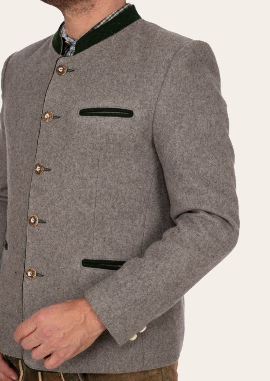 Men's traditional gray jacket with green stand collar, brown buttons, two green-trim chest pockets