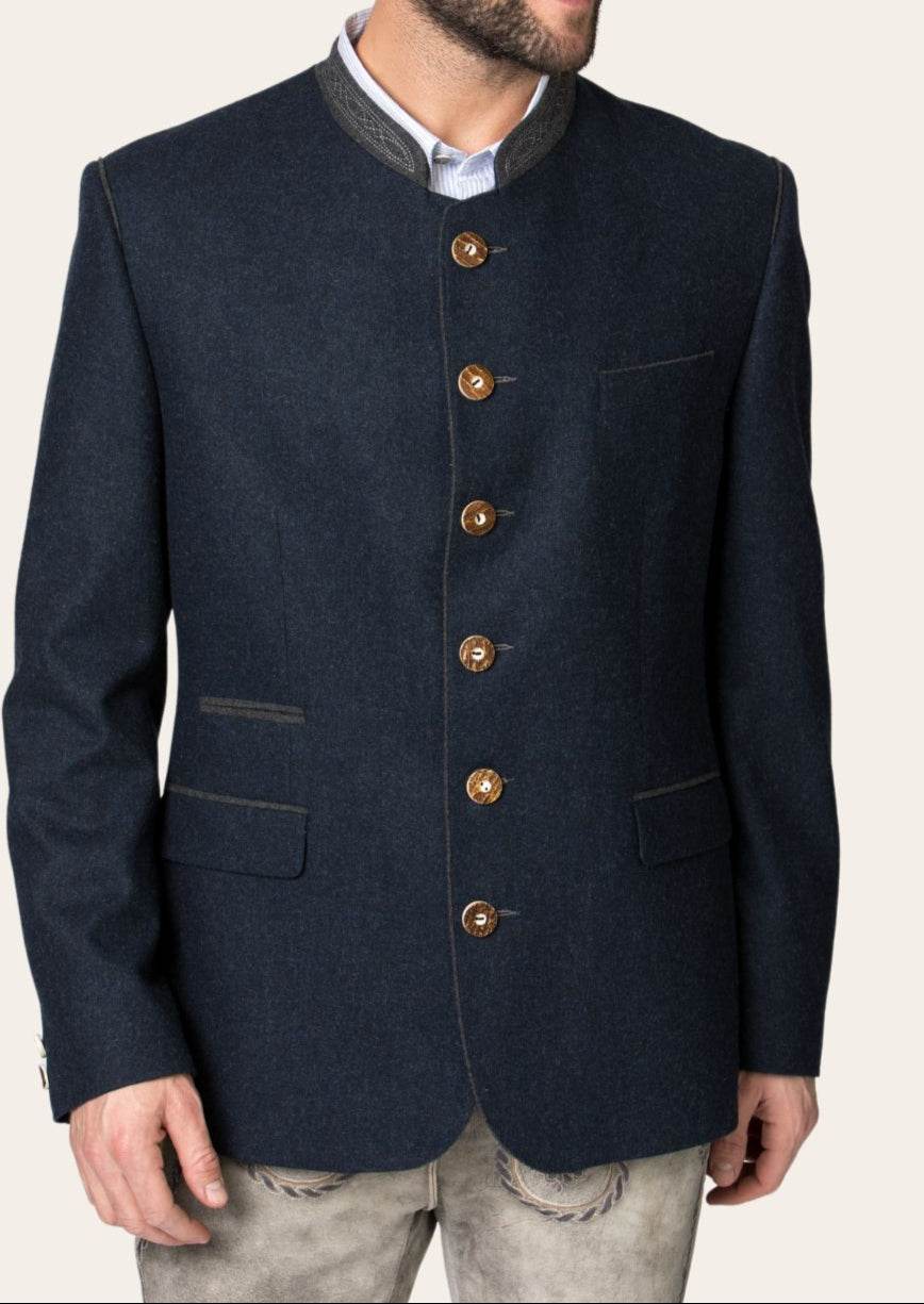 Dark blue janker jacket with gold buttons and piping on chest and lapels