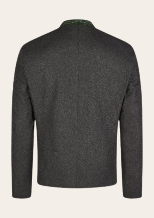 Men's loden traditional jacket, dark gray, long sleeves, stand collar, back view