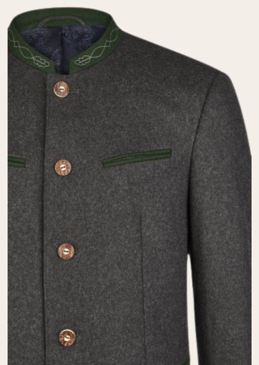 Men's loden traditional jacket close-up, dark gray, green trim, copper buttons, stand collar