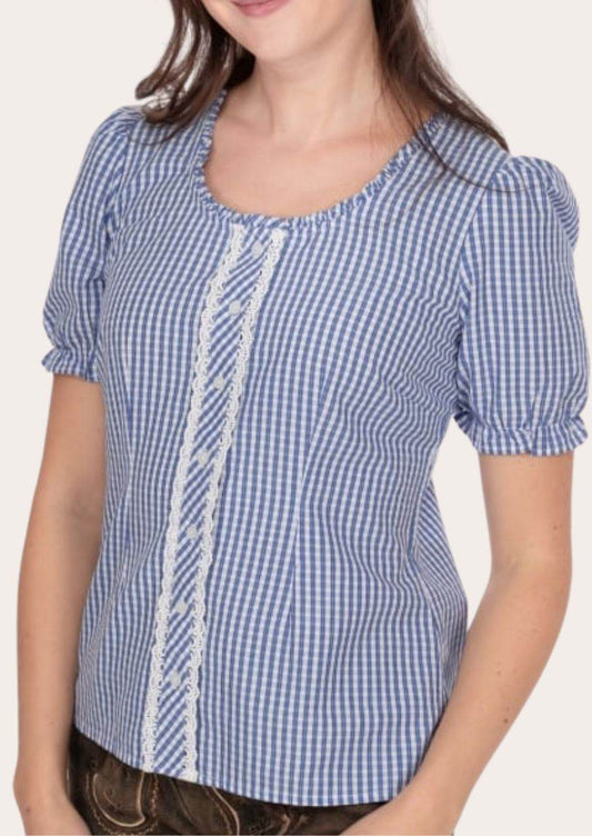 Women’s blue gingham cotton shirt with scalloped lace trim down center placket