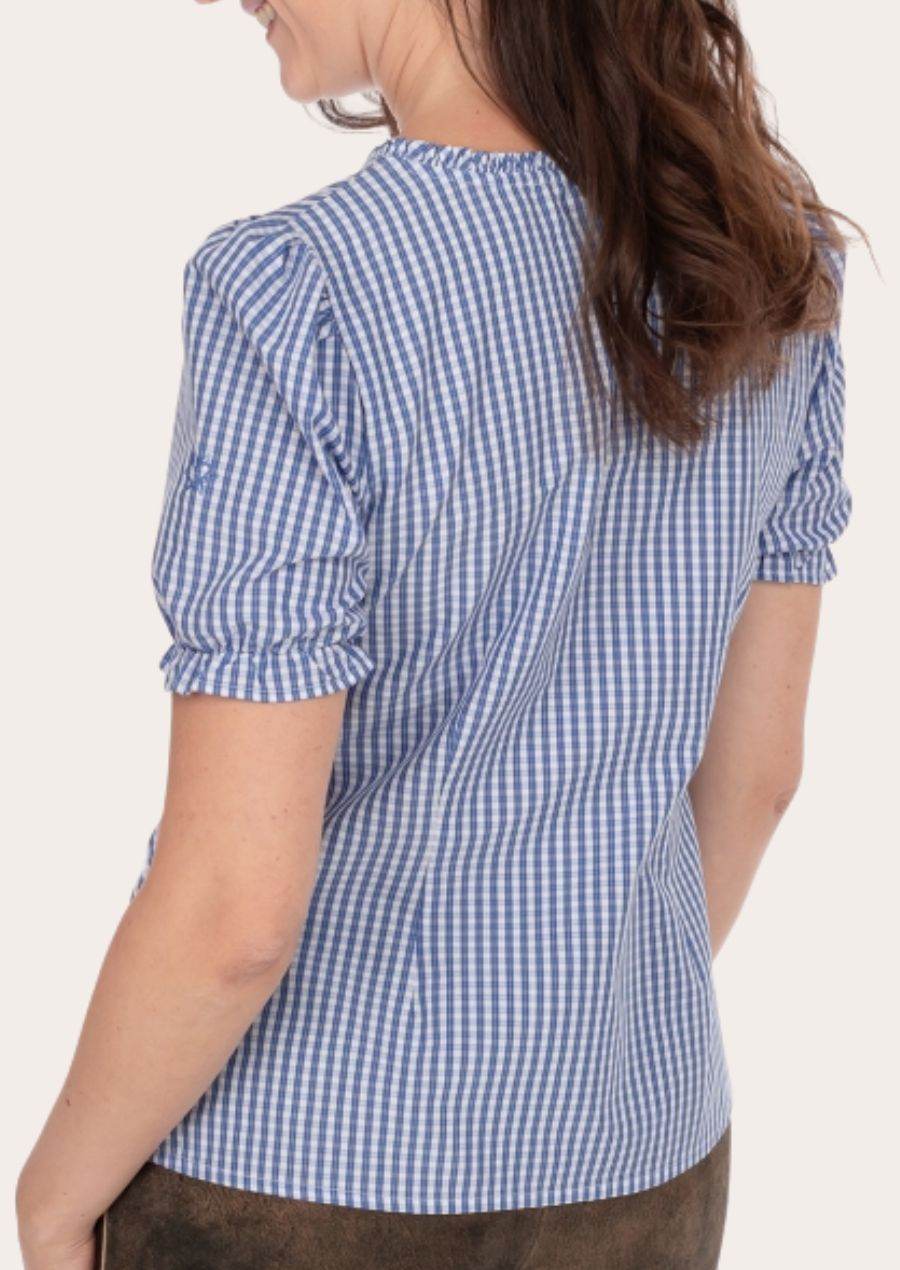 Back view of women’s blue gingham cotton peasant shirt with short puff sleeves