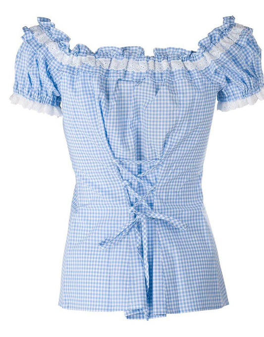 Light blue gingham peasant-style blouse with off-shoulder ruffles and front lace-up tie