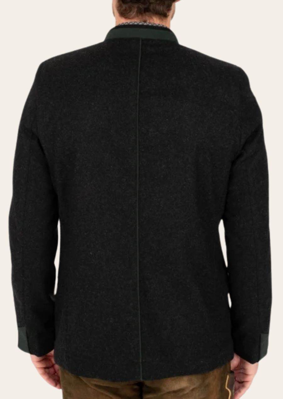 Men's dark wool trachten jacket back view with center seam and stand collar