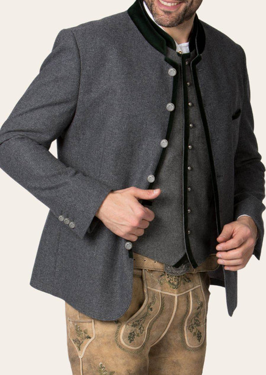 Gray traditional jacket with green stand collar, silver buttons and decorative pocket details