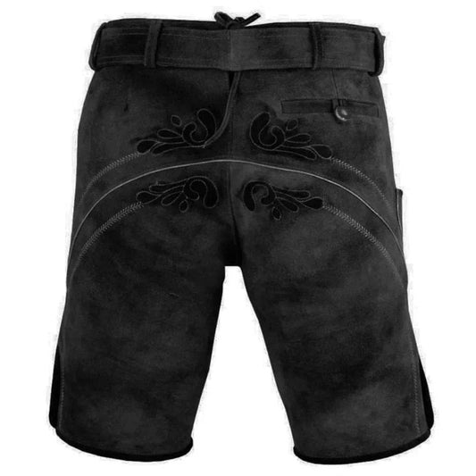 Men's dark leather lederhosen shorts with ornate knee embroidery and belt loops