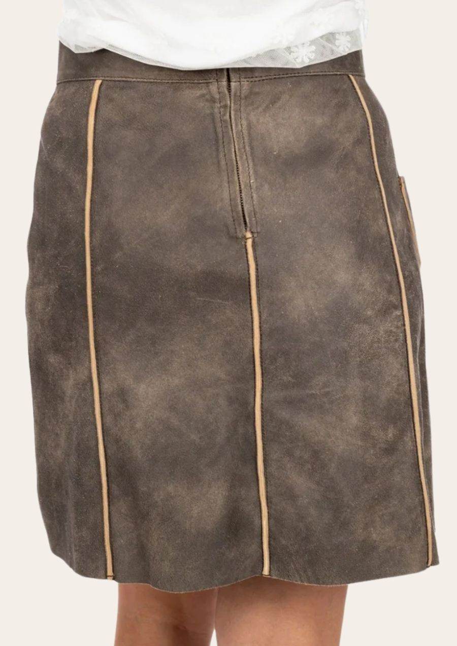 Dark brown leather lederhosen skirt with center back seam and vertical contrast stripes