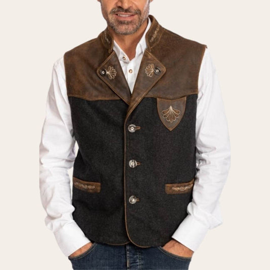 Men's traditional vest with brown yoke and dark front, decorative buttons and chest patch