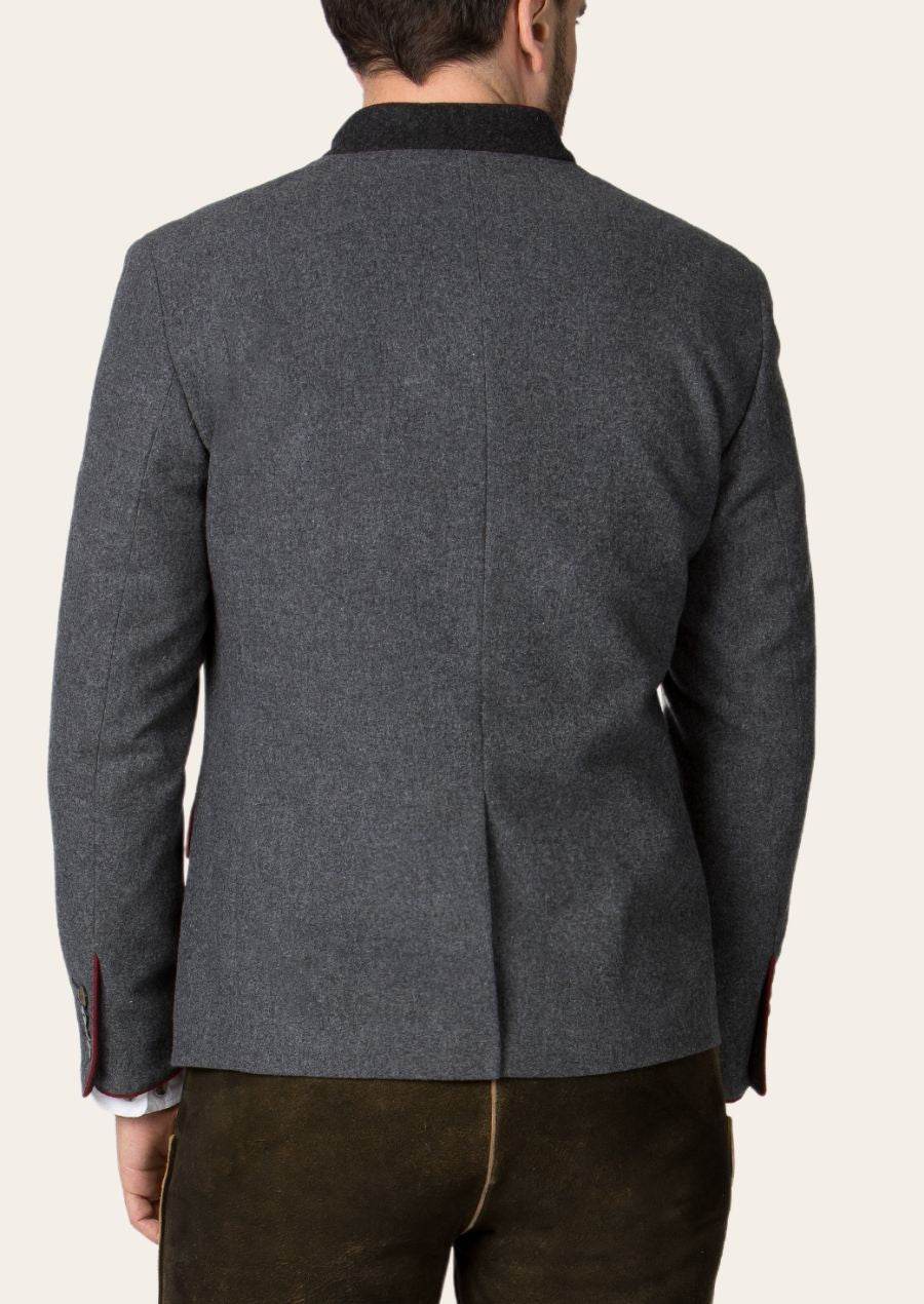 Mens wool jacket back view in dark gray with center seam and single red under-hem edge.