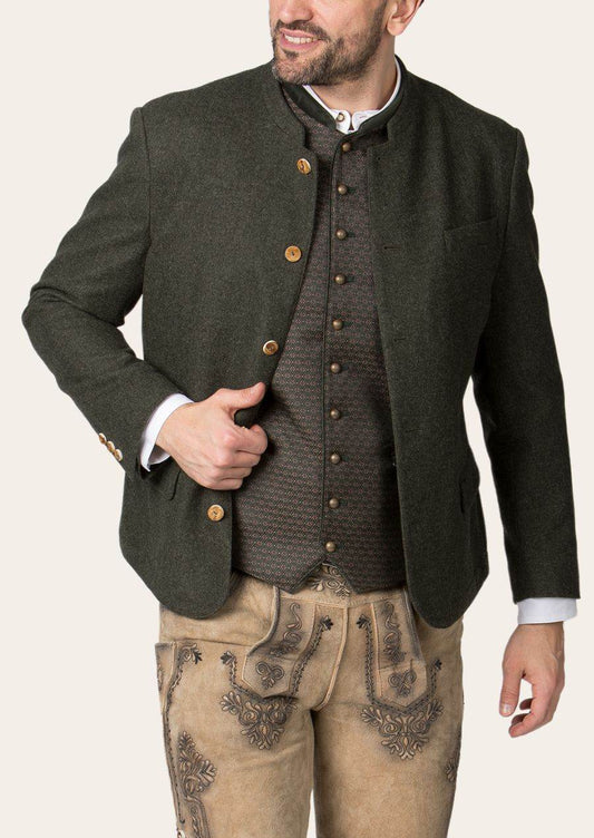 Men's dark green jacket with stand collar, gold-tone buttons, chest pocket, and long sleeves