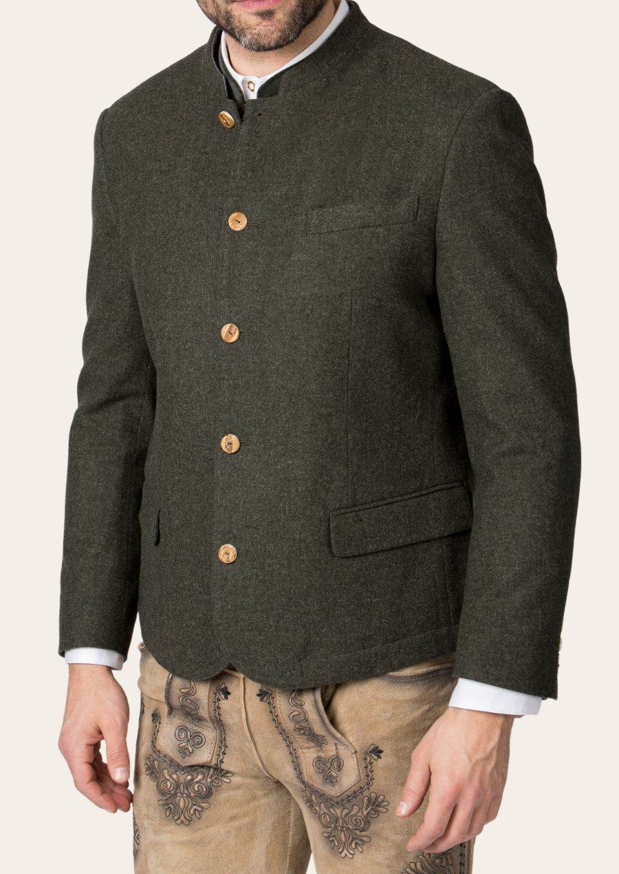 Men's dark green jacket with stand collar, front button placket, and chest pocket