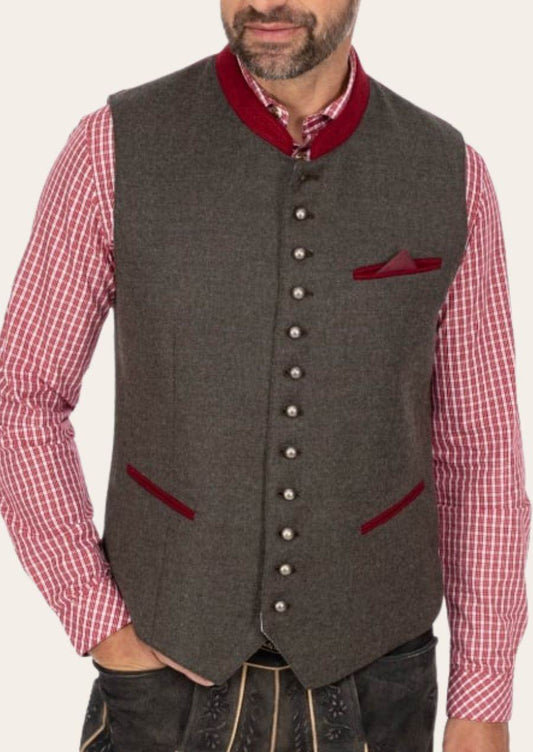 Dark gray linen waistcoat with red collar, silver button front, and red pocket square