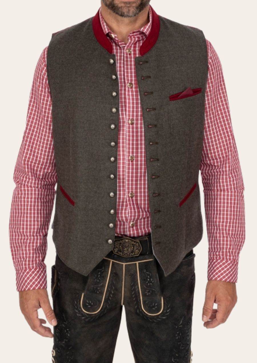 Dark gray linen dress waistcoat with red collar, silver buttons, and red pocket square