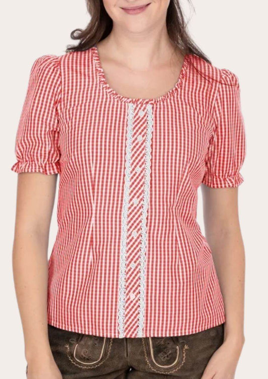 Women’s gingham shirt with round neckline, vertical lace placket, puff sleeves