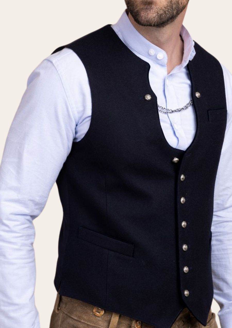 Men’s dark waistcoat with V-neck style, silver buttons, and two side pockets