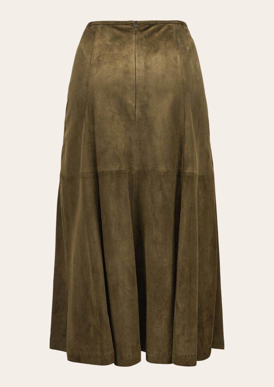 Olive-brown leather midi skirt with waistband, vertical panels and pleated skirt front