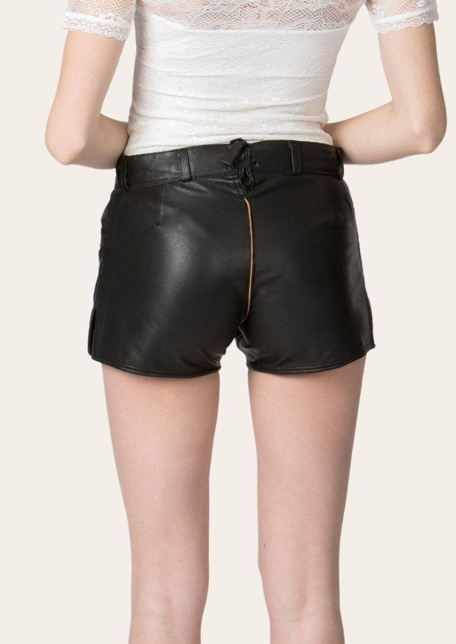 Women's black leather shorts with back yoke seam and belt loops