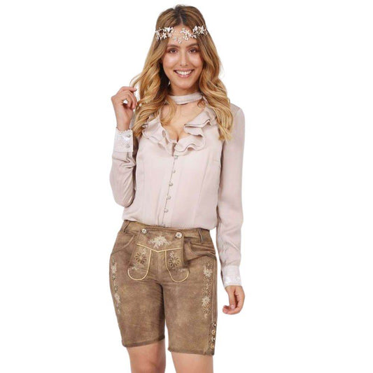 Brown leather shorts with floral embroidery and front button tabs, paired with a blouse
