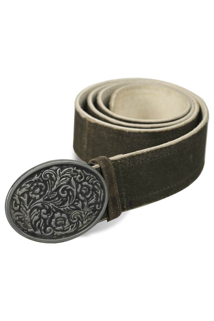 Men’s leather traditional belt with dark green strap and oval engraved metal buckle