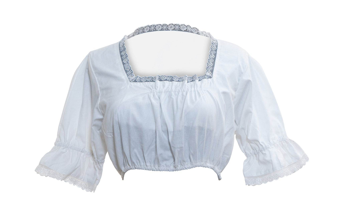 White traditional dirndl blouse with square neckline, blue trim, gathered bodice, puff sleeves