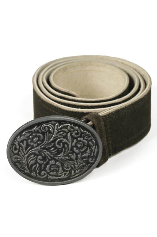 Men’s leather belt, dark green strap with ornate oval buckle and looped belt end