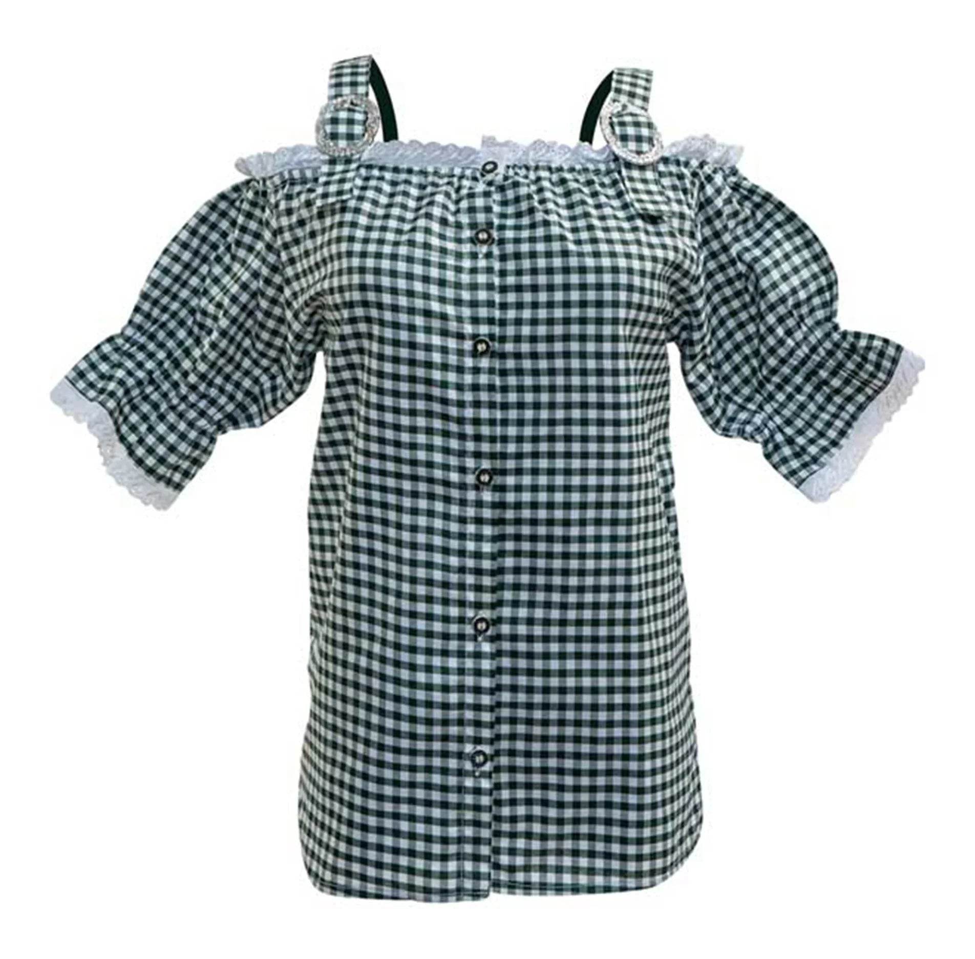 Women's dark green and white gingham off-shoulder blouse, ruffled trim and button front