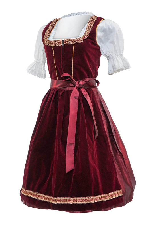 Elegant dirndl set with burgundy corset-style bodice, gathered skirt, burgundy sash tie