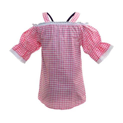 Pink checkered off-shoulder shirt with ruffled sleeves and lace-trimmed neckline