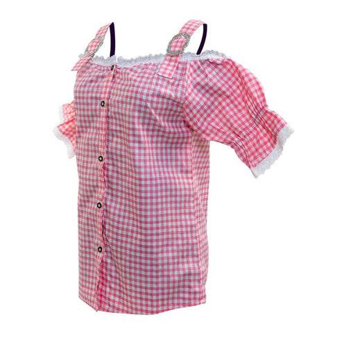 Pink checkered off-shoulder shirt with ruffled cuffs and dark button placket