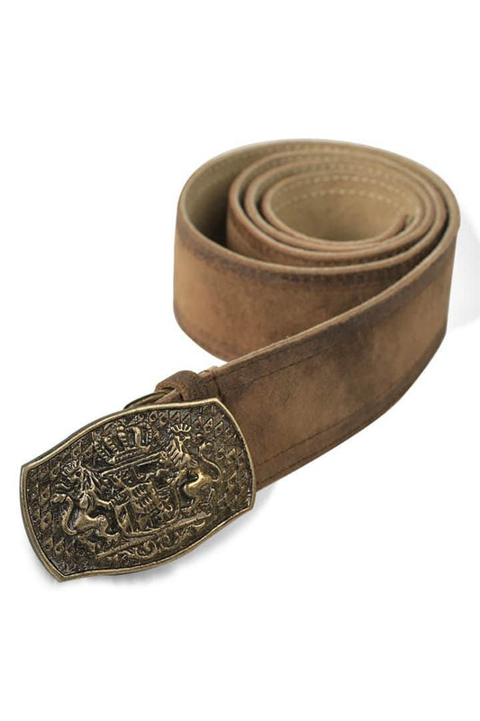 Brown suede tracht belt with antique-gold lion crest buckle and long strap