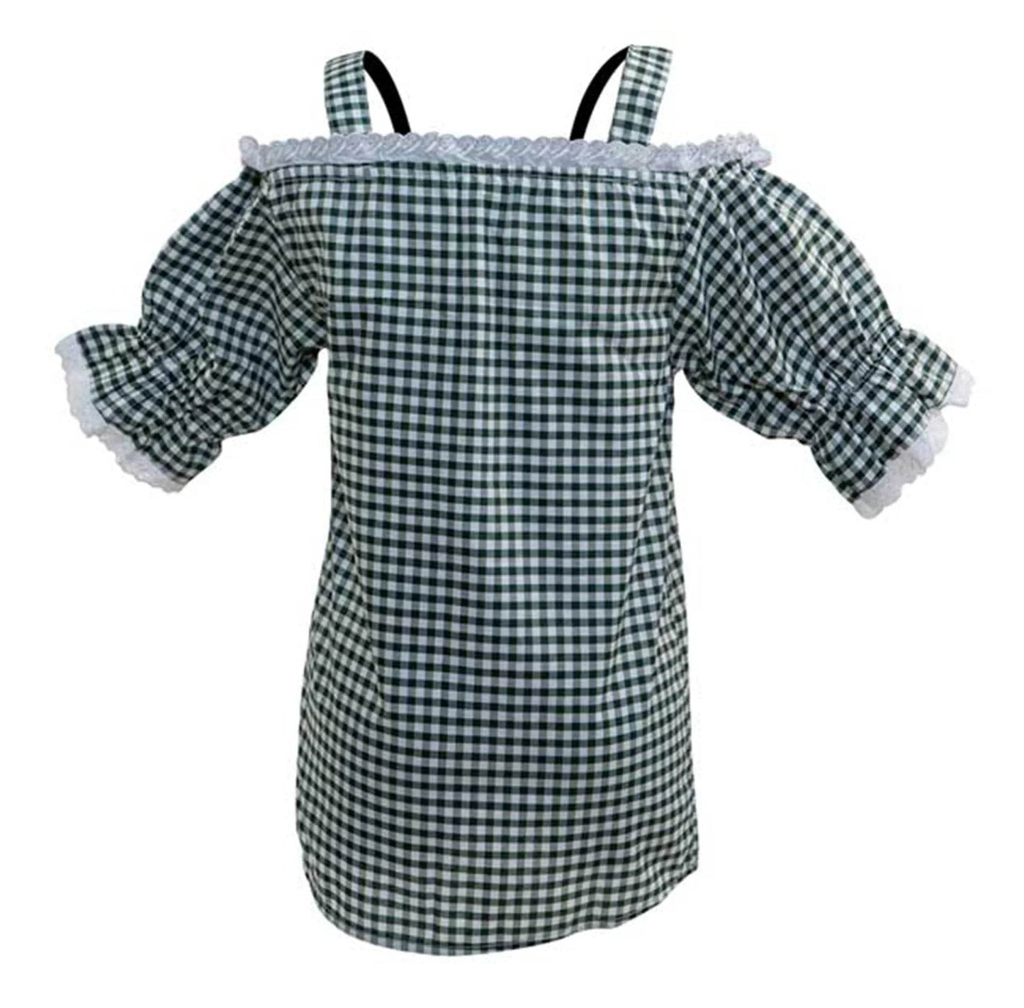 Women's gingham off-shoulder blouse with ruffled trim and puff sleeves, button front